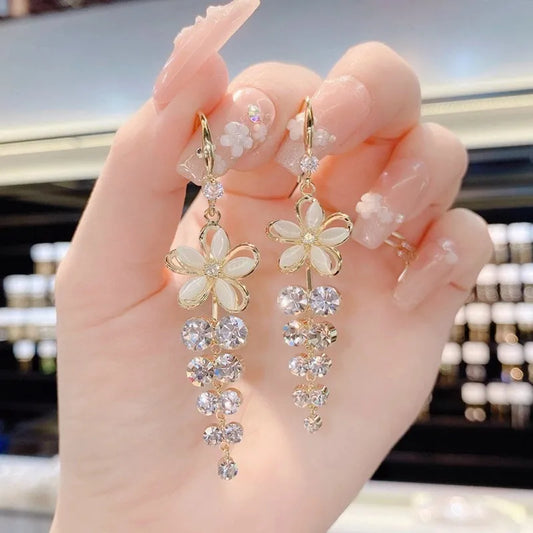Opal Flower Rhinestone Tassel Earrings
