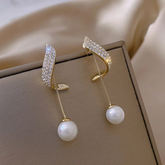 Crystal Pearl Dangle Tassel Earrings